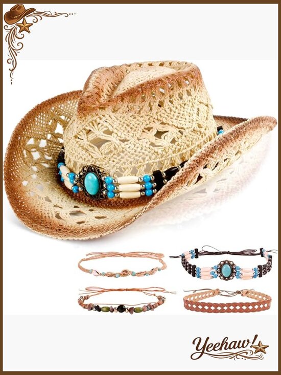 Straw Cowgirl Hat Foldable Western Sun Hat with  display picture 1